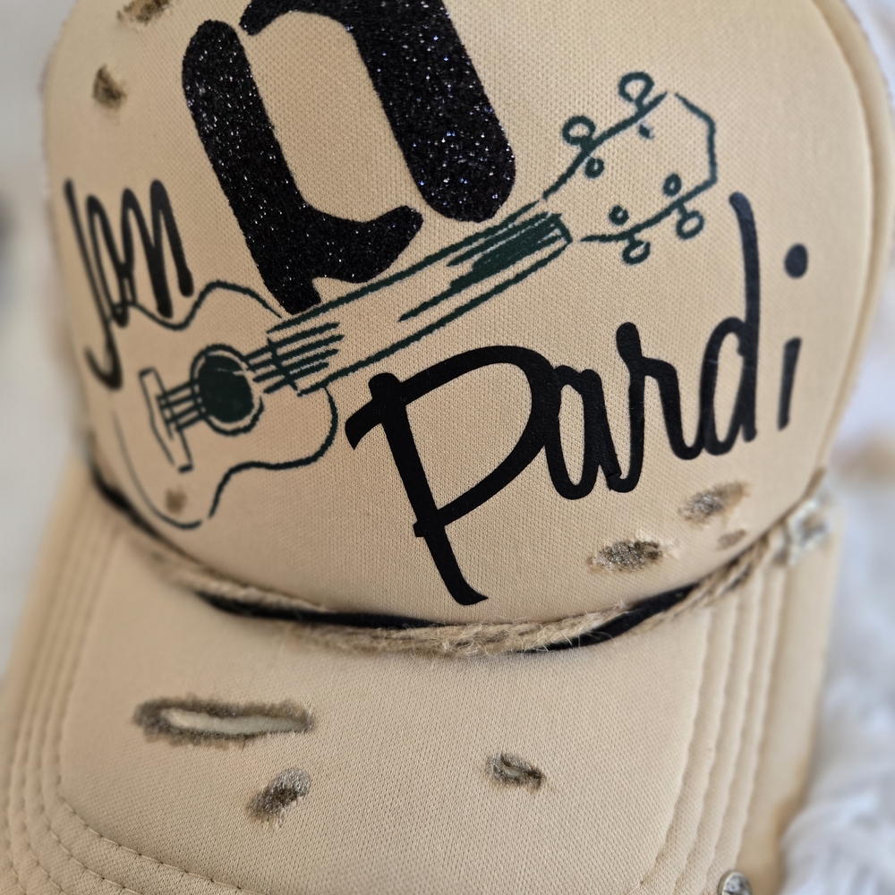 Tan Distressed Jon Pardi Trucker Hat with Guitar Design